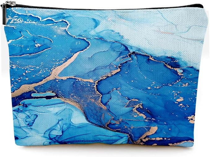 Givotin Small Makeup Bag for Purse Cute Canvas Waterproof Cosmetic Bags for Women Zipper Travel Toiletry Pouch-Blue Marble Makeup Bags