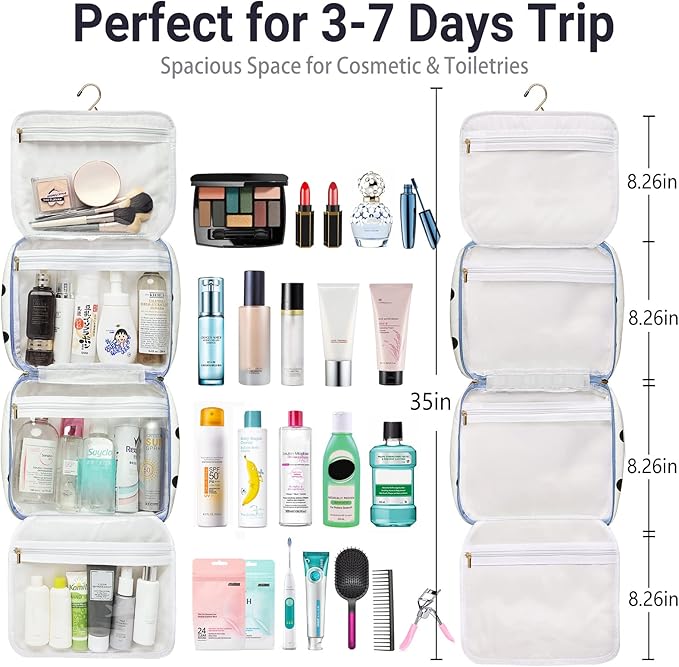 Toiletry bag for Women Hanging Travel Toiletry Bag for Toiletries Polka Dots Pattern Toilery Organizer with Hanging Hook Ideal for Full Sized Toiletries and Cosmetics