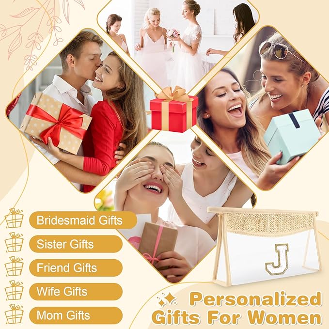 UIXIZQ Personalized Initial Letter Bag Boho Straw Clear Makeup Bag,Small Cute Chenille Varsity Letter Pouch With Zipper,Beach Travel Toiletry,Portable Monogrammed Cosmetic Bag for Women Girls,J
