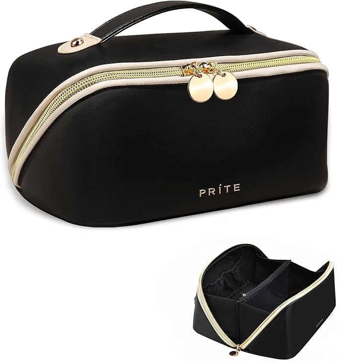 Prite Makeup Bag Travel Toiletry Bag Open Flat Cosmetic Organizer for Women