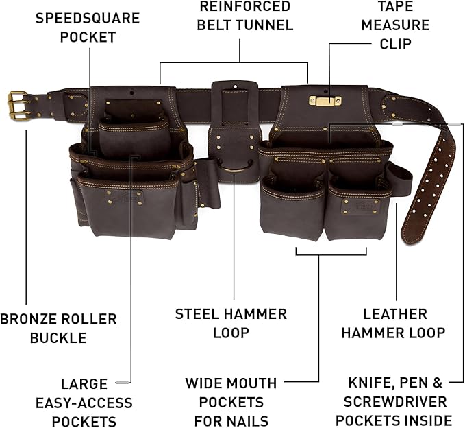 OX Pro Construction Tool Belt - 22-Pocket Leather Tool Belt Pouches - Made of Oil-Tanned Leather with Double-Stitching and Steel Rivets Morrales De Construccion OX-P263604