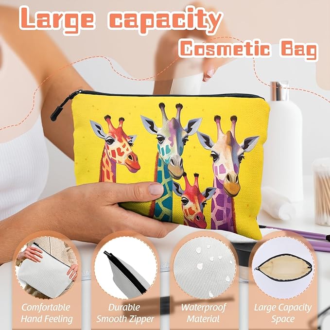 Scribesense Cosmetic Bags Travel Makeup Toilet Case Waterproof Pouch for Women Girls 6.7X9.45inches - Colorful Giraffes Against A Yellow Background