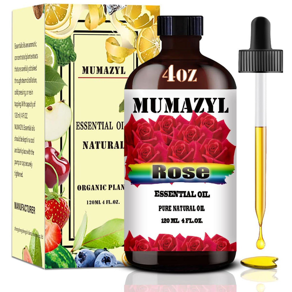 Rose Essential Oil, Rose Oil 4 Fl Oz 120ML for Diffuser Humidifier Yoga Cleaning DIY Candle Soap Making Valentine's Day Gift MUMAZYL Essential Oils