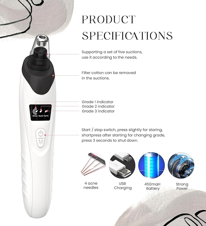2024 Blackhead Remover Pore Vacuum,Facial Pore Cleaner-5 Suction Power,5 Probes,USB Rechargeable Blackhead Vacuum Kit Electric Acne Extractor Tool for Adult