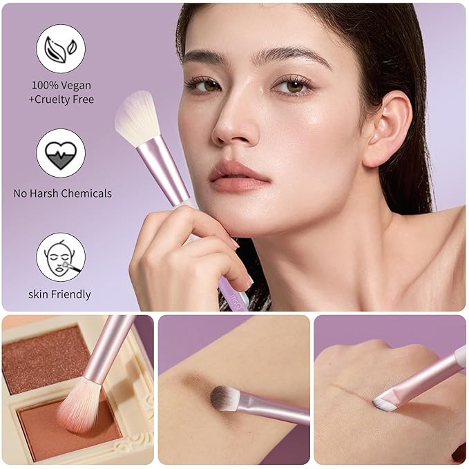 MSQ Make Up Brushes Total 10Pcs-with 8 Makeup Brush & 1 Foundation Puff & 1 Velve Powder Puff, Synthetic Hair Powder Brushes for Blush Countour Concealer Eyeshadow Eyeliner