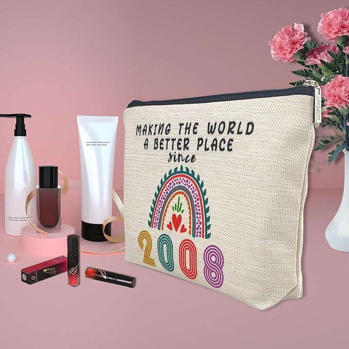Ancpeany Happy 18th Birthday Decorations for Girls, 18th Birthday Gifts for Girls, Her, Sister, Daughter, Niece, Funny 2008 Gifts for 18 Year Old Girl, Travel Makeup Bag, Rainbow Linen Cosmetic Case