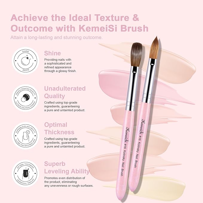 KEMEISI Acrylic Nail Brush Size #10, 100% Pure Kolinsky Nail Art Brushes for Acrylic Application, Sturdy Starry Handle Oval Shaped Nail Design Tools for Professional Manicure DIY, Pink