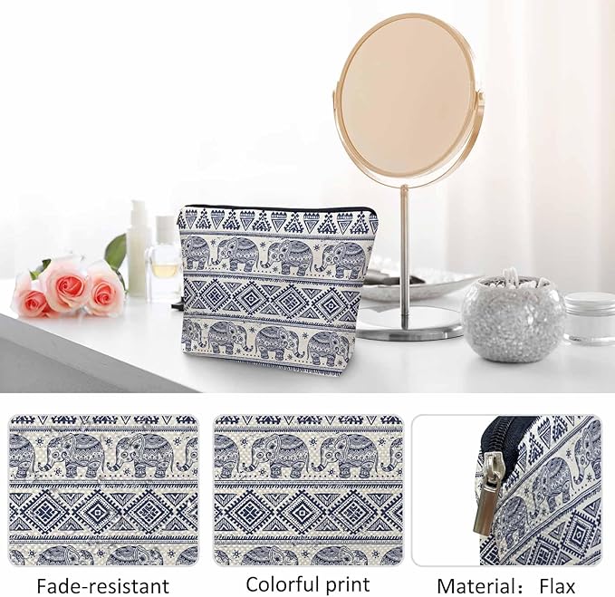 Kalygon Elephant Cosmetic Bags For Women, Ethnic Geometric Elephant Roomy Makeup Bag Toiletry Bag Accessories Organizer Storage Bags Makeup Pouch For Travel Business Gym Camping Bathroom, Blue