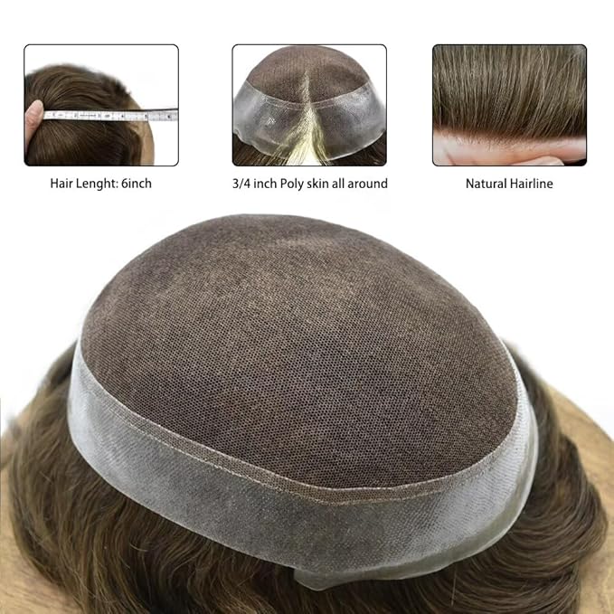 FACE MIRACLE Hair System for Men French Lace Mens Toupee Human Hair Replacement System Lace with PU Toupee for Men Male Hair Piece Wigs 6"X8" 5#MEDIUM LIGHT BROWN