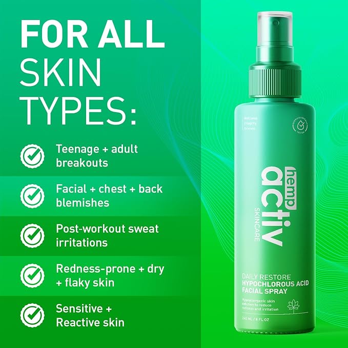 HEMPACTIV Hypochlorous Acid Spray for Face & Skin – Post-Workout Gentle HOCL Facial Cleanser for All Skin Types – After Workout Face Spray, Body Mist – Hydrating, Soothing & Calming Skincare – 8 Fl Oz