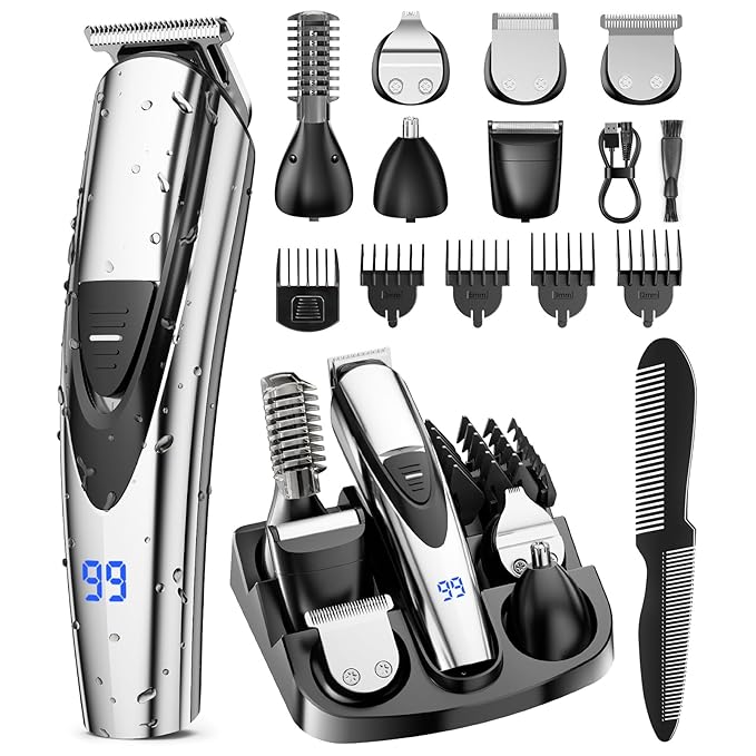SHPAVVER Electric Beard Trimmer for Men: 16-in-1 Professional Barber Hair Clippers - Cordless Grooming Kit - Turbo Speed & Precision Blades, Silver