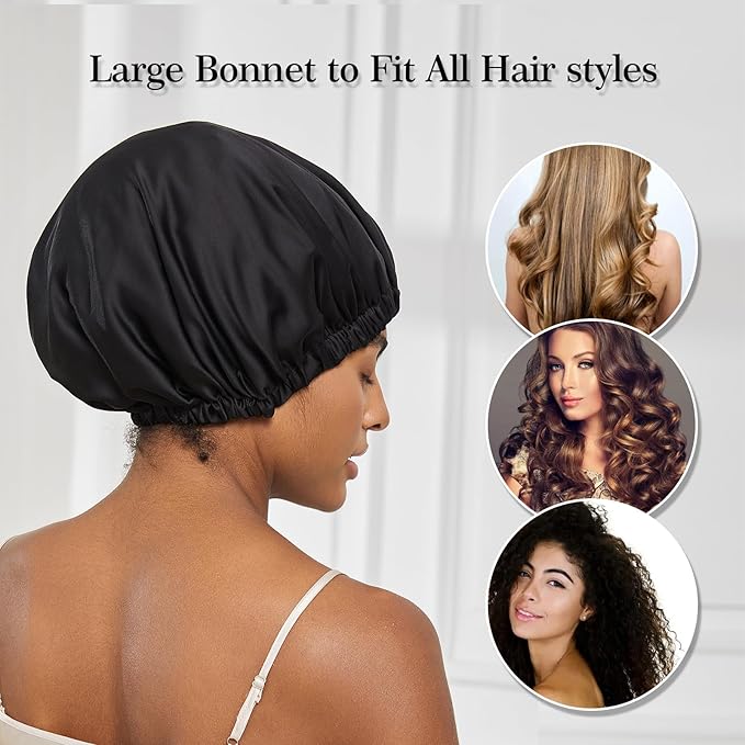 Satin Bonnet Silk Bonnet for Sleeping Women Double Layer Hair Bonnet Wrap Sleep Cap Gifts for Women Curly Hair Black