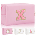 Personalized Initial Letter Patch Makeup Bag, Preppy Small Chenille Cosmetic Bag with Zipper, PU Leather Waterproof Travel Toiletry Bag Monogram Make Up Pouch for Women Girls