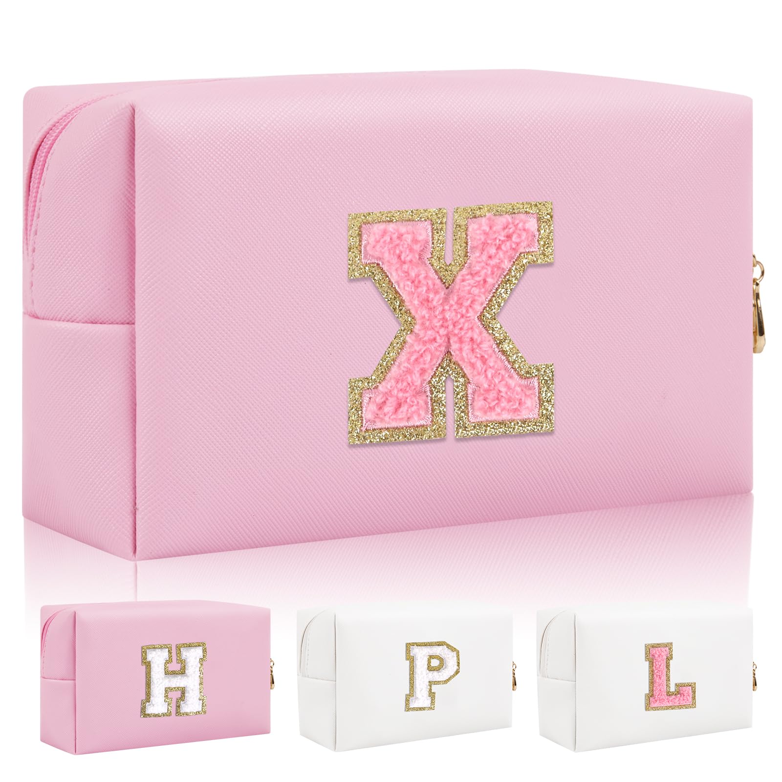Personalized Initial Letter Patch Makeup Bag, Preppy Small Chenille Cosmetic Bag with Zipper, PU Leather Waterproof Travel Toiletry Bag Monogram Make Up Pouch for Women Girls