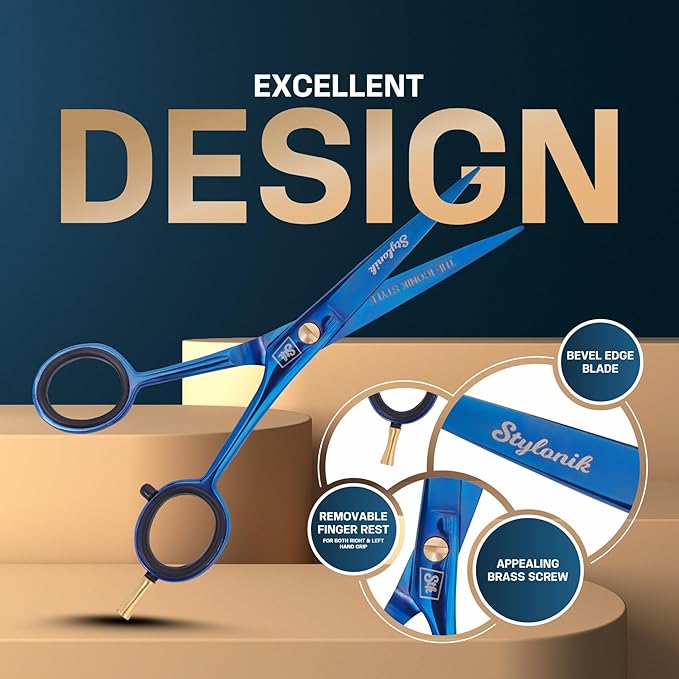 Stylonik Hair Cutting Scissors-Professional Hairdressing Scissors for Women,Men,Hair Stylists,Salon,Barber- 6.5-Inch Stainless Steel Hair Scissors with Finger Rest (Classic Scissor Blue Titanium)
