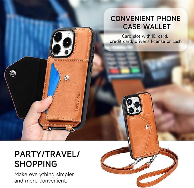 LUCKYCOIN Crossbody Phone Case for iPhone 16 Pro,100% Genuine Leather Phone Wallet Case for Women, Premium Hands-Free Phone Purse with Expandable Flip Card Holder & Adjustable Strap - Retro Brown