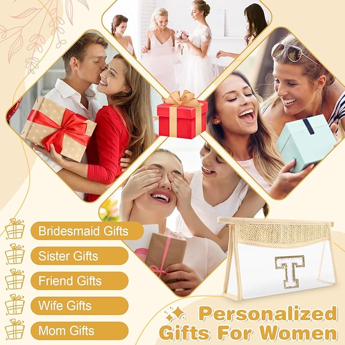 Personalized Initial Letter Bag Boho Straw Clear Makeup Bag,Small Cute Chenille Varsity Letter Bag With Zipper,Beach Travel Toiletry Bag,Portable Monogrammed Cosmetic Bag for Women Girls,T