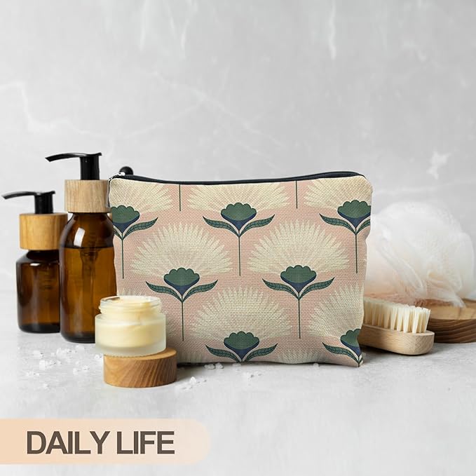 RYYCDOI Vintage Boho Floral Pink Makeup Bag, Art Deco Floral Botanical Cosmetic Bags for Women, Boho Gifts for Women, Retro Mid Century Modern Art Zipper Makeup Pouch
