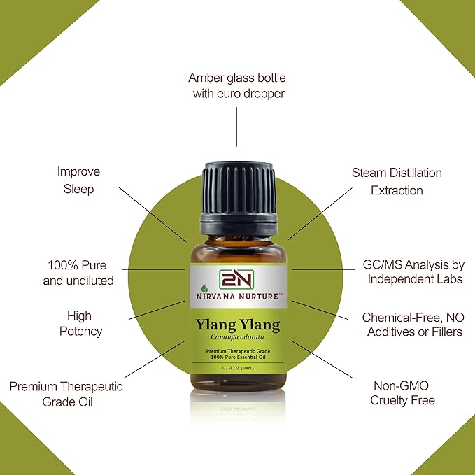 Nirvana Nurture Ylang Ylang Essential Oil, USDA Certified Organic, 100% Pure Undiluted, Aromatherapy Oil for Diffuser, Hair & Skin Care