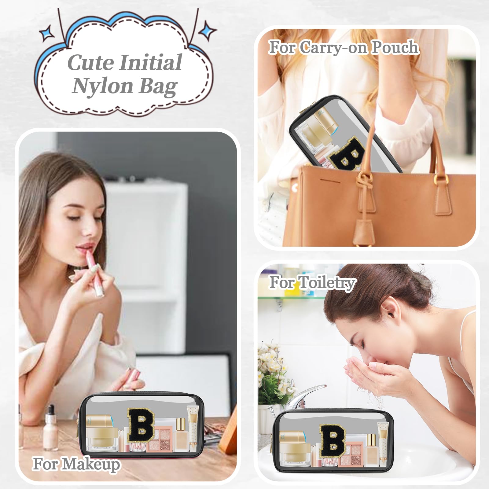 Small Clear Personalized Initial Makeup Bag,Nylon Preppy A-Z Chenille Letter Patch Cosmetic Pouch Beach Toiletry Bag,Waterproof Zipper Travel Purse Storage Bag Organizer for Women Girls(Black-Black B)