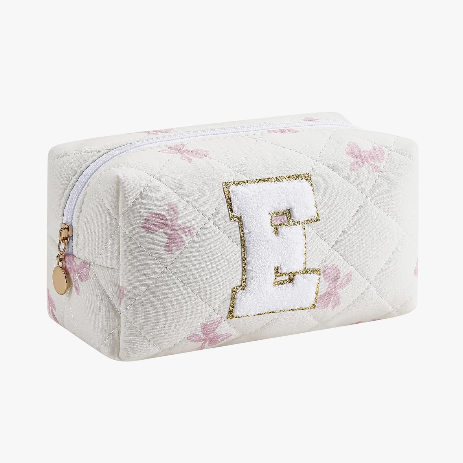 Gleyemor Personalized Initial Makeup Bag for Women, Cute Quilted Pink Floral Cotton Cosmetic Bag, Christmas Gifts for Her Mom Friend Sister Bridesmaid Teacher Women E