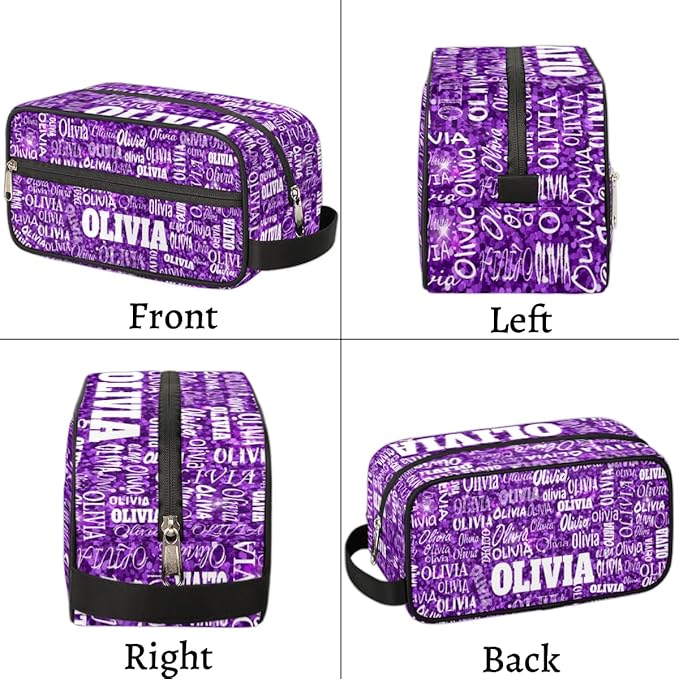 Personalized Makeup Bag with Name Toiletries Purple Glittering Sequins