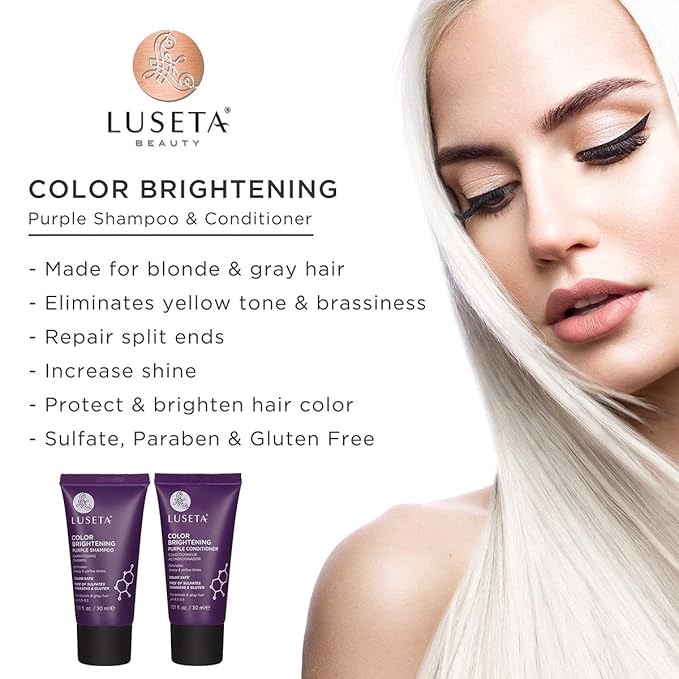 Luseta Color Brightening Purple Travel Shampoo and Conditioner Mini Kit for Blonde, Silver and Gray Hair - Brassiness Neutralizer for Highlighted and Bleached Hair, 2x1.01oz Carry on Friendly