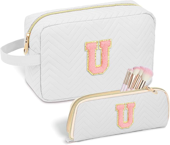 Personalized Initial Makeup Bag Trendy Stuff Leather Waterproof Cosmetic Bag Travel Toiletry Bag, Makeup Organizer Case Mother's Day/Birthday/Graduation Gifts for Women Girls Mom Girlfriend White.