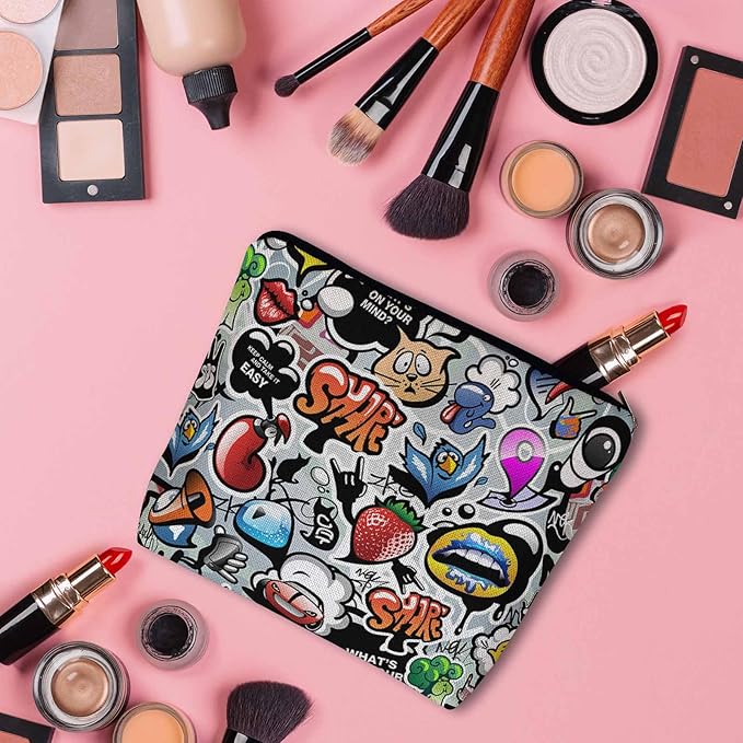 Kalygon Women Cosmetic Bag Graffiti, Rainbow Graffiti Social Media Signs Cute Makeup Bag For Purse Cosmetic Travel Bag For Toiletries Makeup Storage Bag Flax Skincare Bag Make Up Pouch Bags