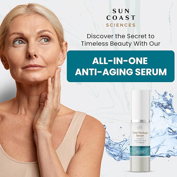 Sun Coast Sciences - Total Package Serum - Vitamin C Serum with Hyaluronic Acid & Peptides for Face - Hydrating Anti Aging Face Serum for Smoother, Firmer Looking Skin - 1 Fl Oz (Pack of 1)