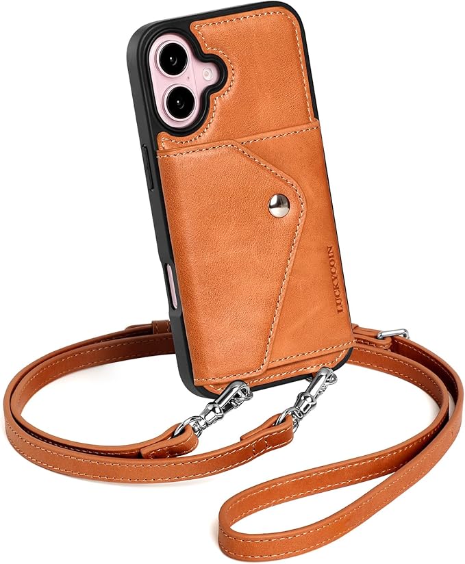 LUCKYCOIN Crossbody Phone Case for iPhone 16,100% Genuine Leather Phone Wallet Case for Women, Fashion Premium Hands-Free Phone Purse with Expandable Flip Card Holder & Adjustable Strap - Retro Brown