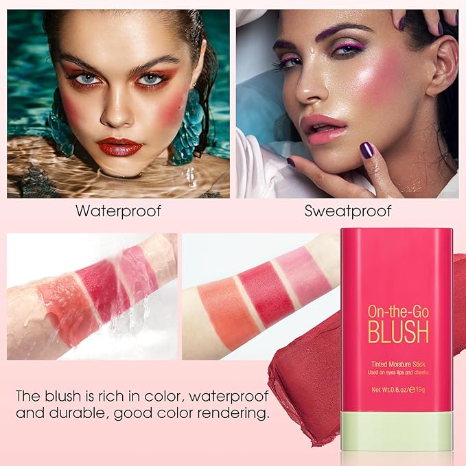 BEFIVECOK Blush Stick for Cheeks - Cream Makeup Blush Wand, Solid Moisturizer Stick for Cheeks Tint, Natural Blendable Waterproof Korean Matte Long-Lasting Smooth Blushes (#02 Hot Red)