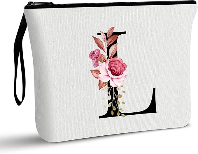 Vavabox A-Z Personalized Makeup Bag, Birthday Gifts for Women Mom, Gifts for Best Friend, Bride Bridesmaid Cosmetic bag (L, 01-White)