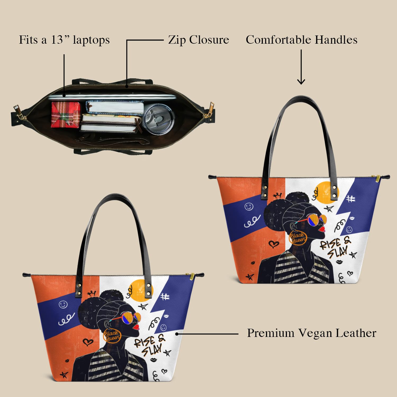 Afroyla Afrocentric Art ToteBag for Black Women – Premium Leather, Work & Everyday Bag, Ideal Gift for Her on Mother's Day