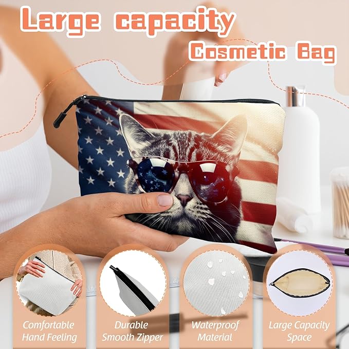 Scribesense Cosmetic Bags Travel Makeup Toilet Case Waterproof Pouch for Women Girls 6.7X9.45inches - Cat Wearing Sunglasses With Flag Reflections in The Lenses