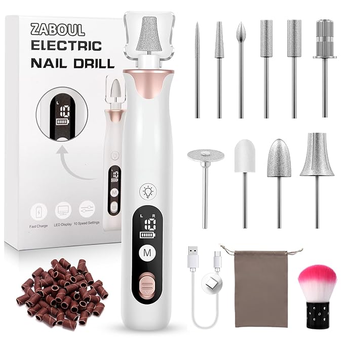 ZABOUL Electric Nail Drill Kit, Professional Manicure Pedicure Rechargeable & Cordless Nail File Buffer for Acrylic Nails Gel Polishing Removing Manicure Salon Home