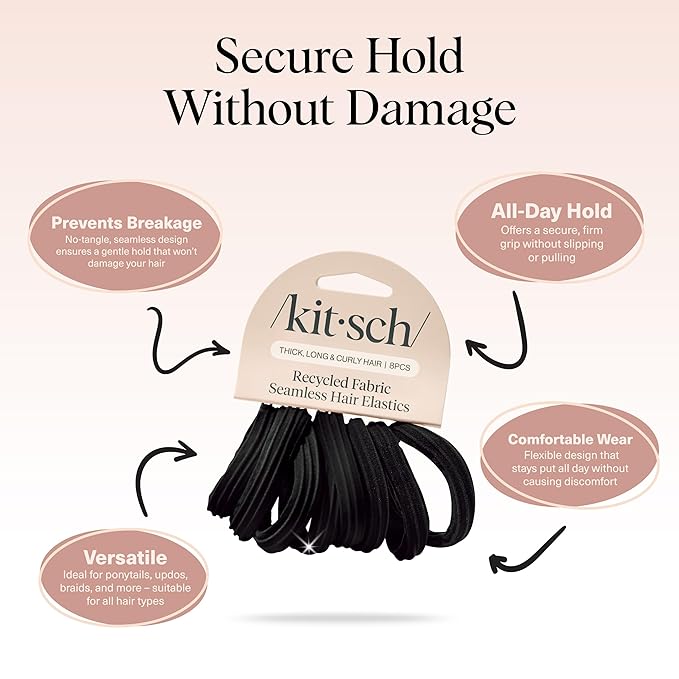 Kitsch Seamless Hair Ties No Damage - Stretchy Hair Bands - Black, 8pcs