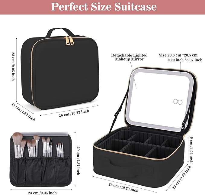 Comeacross Makeup Case with LED Mirror,Makeup Organizer Bag Travel Makeup Case Large Makeup Bag With Rechargeable Mirror 3 Color Lights Detachable Mirror for Women Beauty Tools Accessories（Black）