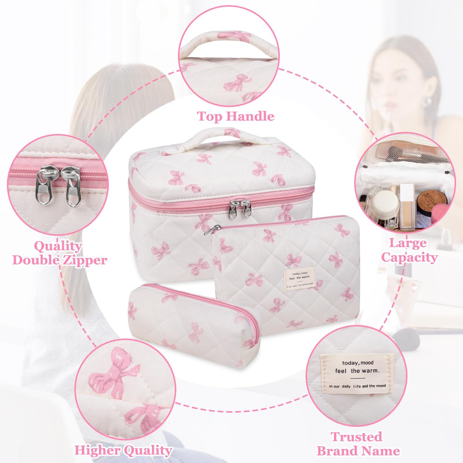 Gosect 3PC Makeup Bag Set, Quilted Makeup Bag Set, Large Floral Cosmetic Bag for Women, Cute Cotton Makeup Bags, Flower Travel Toiletry Organizer Bag (White Pink Bow Tie)