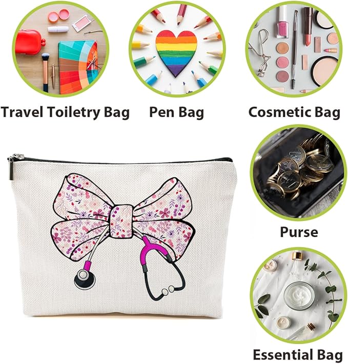 BQXH Nurse Gifts, Pink Bow Makeup Bag, Nurse Accessories Funny Cosmetic Bag