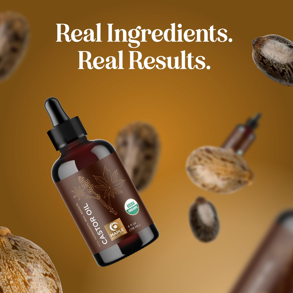 Organic Castor Oil Glass Bottle - 100% Pure Castor Oil Organic Cold Pressed Unrefined Glass Bottle - Extra Virgin Non GMO Hexane Free Cruelty Free Dermatologist Tested and USDA Certified (4 Fl Oz)