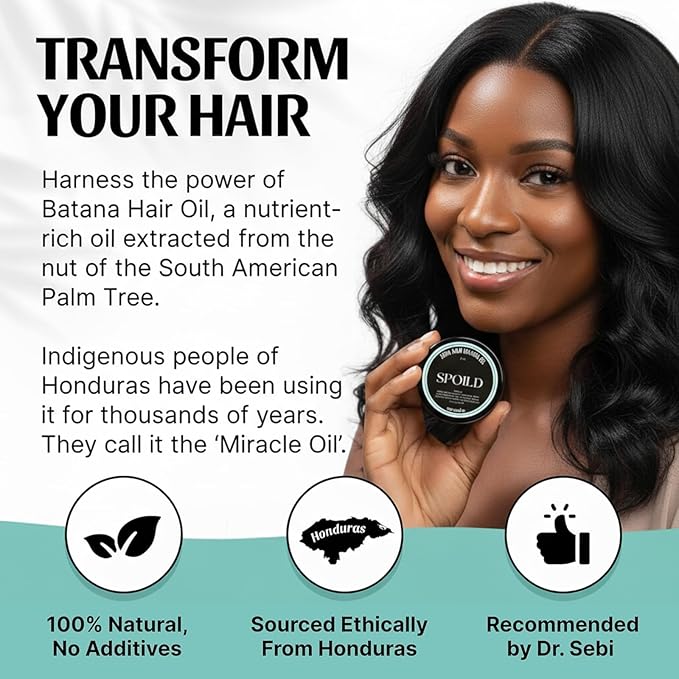 SPOILD Raw Batana Oil for Hair Growth - 100% Organic & Unrefined, Sourced from Honduras - Hair Thickening & Strengthening Oil - Reduces Hair Loss, Adds Shine & Repairs Damaged Hair, 2 oz