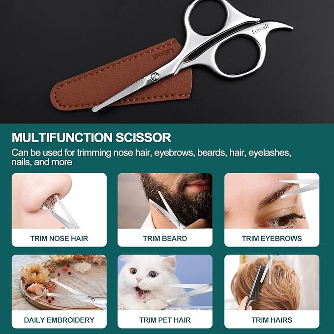 Lobodt 4.7-inch professional nose hair scissors, round-headed stainless steel small scissors, suitable for trimming facial hair, ear hair, eyebrows, bathroom, personal care and beauty (silver)