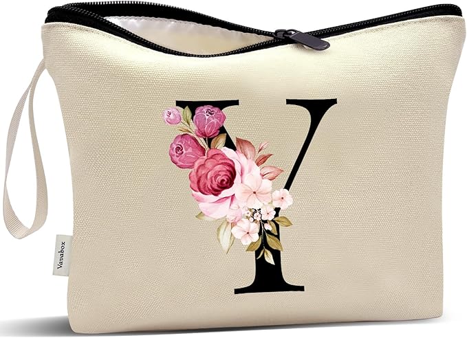 Vavabox A-Z Personalized Makeup Bag, Birthday Gifts for Women Mom, Gifts for Best Friend, Bride Bridesmaid Cosmetic bag (Y, Cream Yellow)