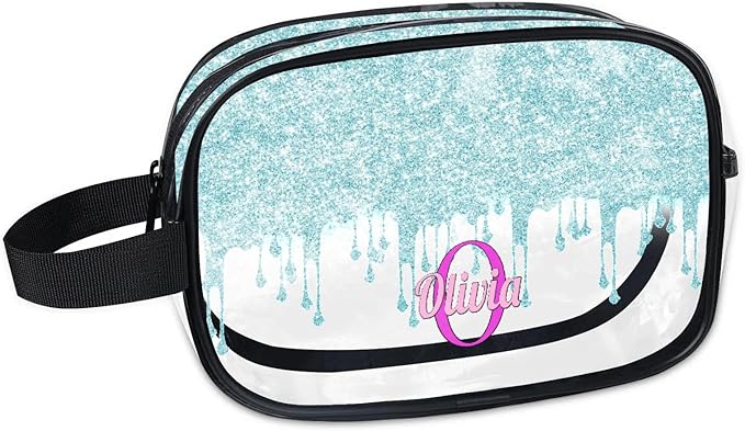 KFNHN Custom Clear Makeup Toiletry Bag, Personalized Travel Cosmetic Organizer Case Portable Bag with Zipper, Lavender Purple, Light Blue Curtain Glittering