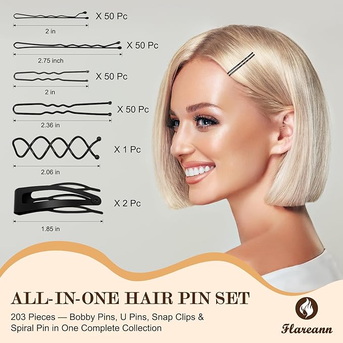 FLAREANN Black Bobby Pins Set with U Shape Pins, Spiral Pin & Snap Clips