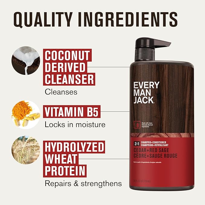 Every Man Jack Men's Shampoo & Conditioner 2-in-1, Cedar Red Sage, 24 oz