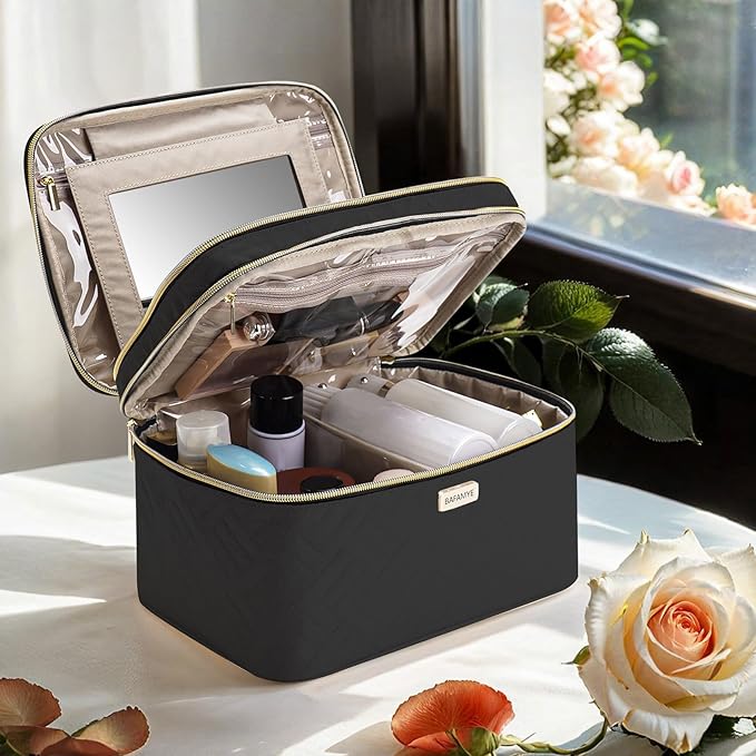 BAFAMYE 8.8L Double Layer Travel Makeup Bag With Mirror For Women, Large Cosmetic Case, Organizer for Travel-Size Accessories Bottles, Brushes,and Skin Care Products, 2.33 GAL, Black