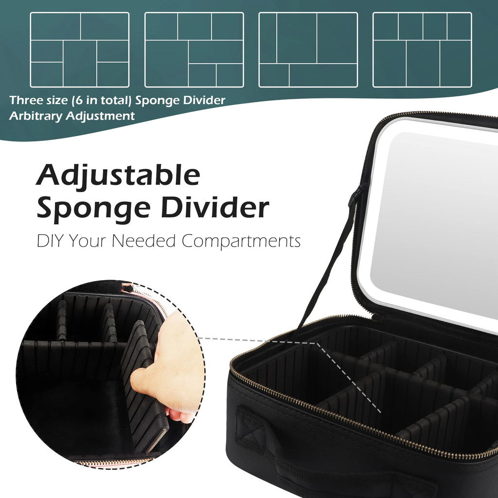 MOMIRA Travel Makeup Bag Cosmetic Bag Makeup Organizer Bag with Lighted Mirror, Adjustable Brightness in 3 Color Scenarios, Waterproof Makeup Train Case, Gift for Women - Black