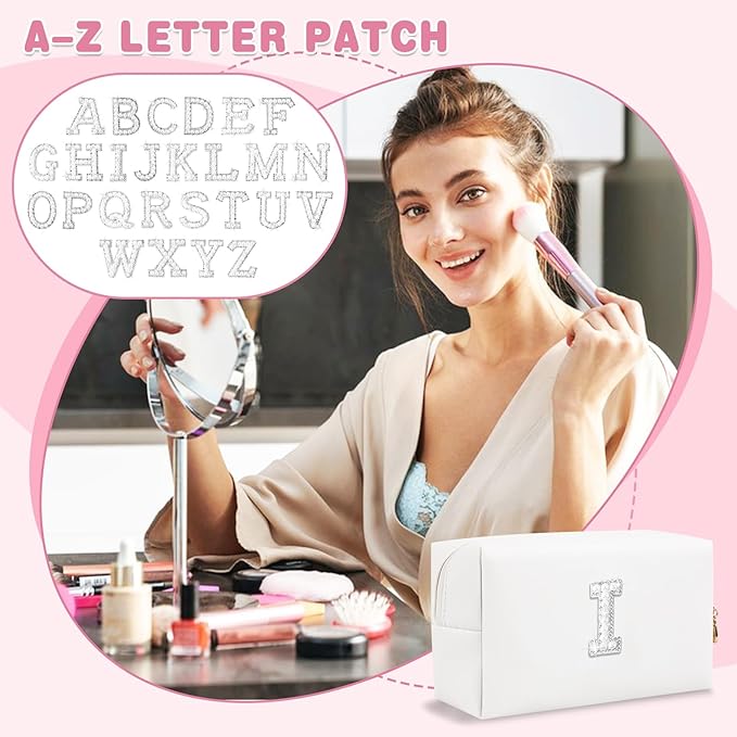 Bride Gifts – Personalized Initial Makeup Bag with Pearl Rhinestone Patch, Preppy White Monogram Cosmetic/Toiletry Pouch, bridesmaid Gifts, Bridal Shower Gifts, Wedding Gifts, Bridal Gifts,I